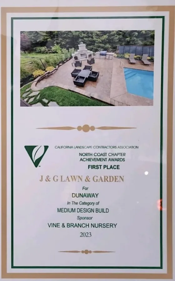 CLCA North Coast Chapter First Place award certificate for a J&G Lawn & Garden design-build project