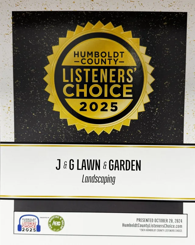 J&G Lawn & Garden Humboldt County Listeners' Choice 2025 award certificate for landscaping